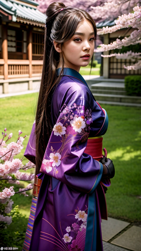 ((front view)), 1 girl (wearing a small kimono),cherry trees in background, big breasts, huge cleavage, photoreal render,high contrast image, rendering by octane,zbrush。character design,realisticlying,unreal-engine,ultra - detailed,concept-art,trends in art station。 ((best quality)), ((masterpiece)), ((realistic)), (detailed), (brown eyes:1.2), highly detailed skin and hair, Fantasy art,stunning gradient colors,detailed back ground,extremely detaile, tmasterpiece),HDR,,