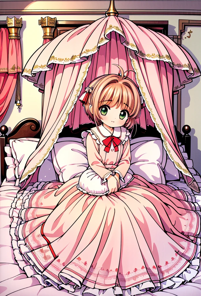 （masterpiece，best quality，best quality, masterpiece），my own, , , (适合任何Pillow背景的光影））, 穿着pajamas可爱女孩在Pillow上摆姿势 ，pajamas，,（很多Pillow），Soft cushion，，，，很多Pillow，，，（Pillow），（A tail），，（充满细节的Pillow），（Love around the protagonist），Steam，，（Pillow），（palace），（Palace bedroom），（Pillow），柔软的Pillow，，（Classical European style bedroom ），（excited，shy person，Lack of expressiveness，），，, ((Maximum resolution)), artwork, ，,,(Interior of the palace),,(Deluxe Rococo Canopy King Bed),On a big and spacious bed,(),,,,Luxurious curtains with ornate ruffles and ribbons surround the bed,((((There are many pillows piled on the bed)))),Detail of Quilt,Detailed bed sheets,Ruffled Bed Skirt,Deep Bed,Background with depth,((详细的Pillow)), ((((大量的Pillow))))，,，详细的软Pillow,,((女孩正躺在许多柔软的Pillow上,周围有许多Pillow))，。Many small feathers fluttering、 带褶边和缎带的长裙pajamas、In a huge, Large canopy bed、Soft pink sheets and quilt、色彩鲜艳的柔软Pillow、很多带褶边的Pillow和带褶边的床裙、Soft toned bed、Ruffled curtains around the bed.。Delicate face。Background with depth,kinomoto sakura,(kinomoto sakura, 1girl, brown hair, short hair, antenna hair, , green eyes),princess bed