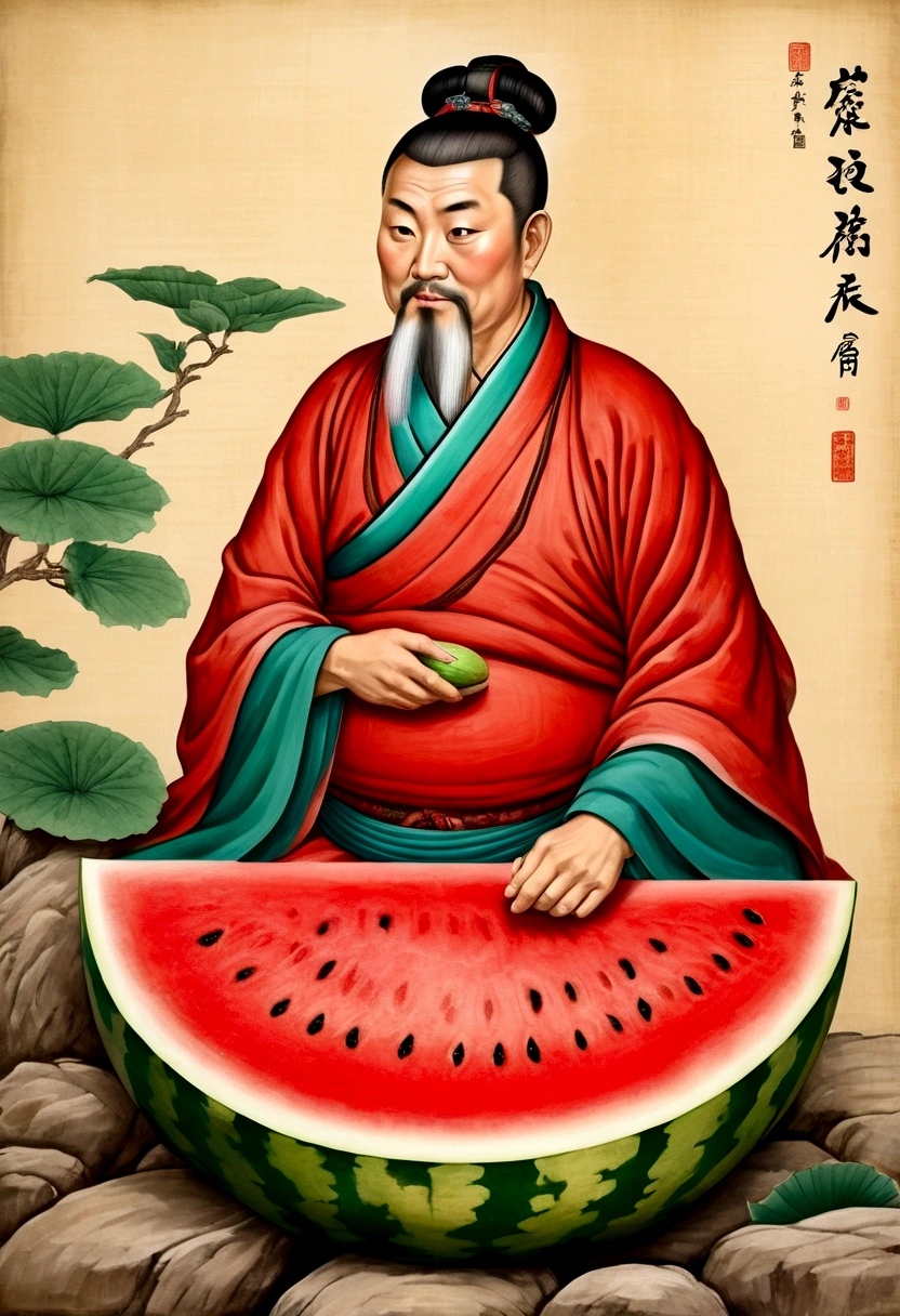 Ancient paintings of Tang Dynasty figures，Ancient painting of a person sitting on a stone，Watermelon in hand, An old man, Chiba Yudai，Real People，The facial features are obvious（Fat and big bare belly）Solid color background
