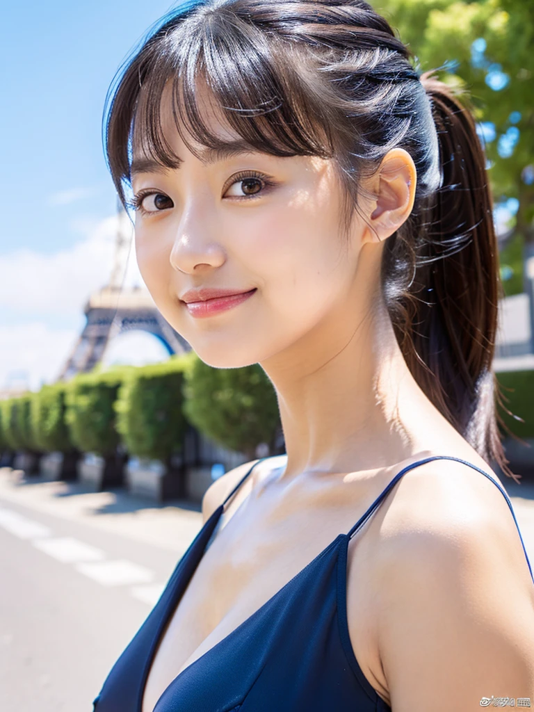 blue sky, ponytail, Daytime view, Paris background, Professional director, Professional Lighting, (Highest quality, 12896k,masterpiece), Very cute small round face, Red lipstick, Larger lips, Japanese Idol, Big Breasts, clavicle, white red dress, Ultra HD, (Photorealistic:1.1), RAW Photo, One Girl, Beautiful eyes, Very big breasts and big eyes, Black brown hair, Smile, Are standing, Full body photo