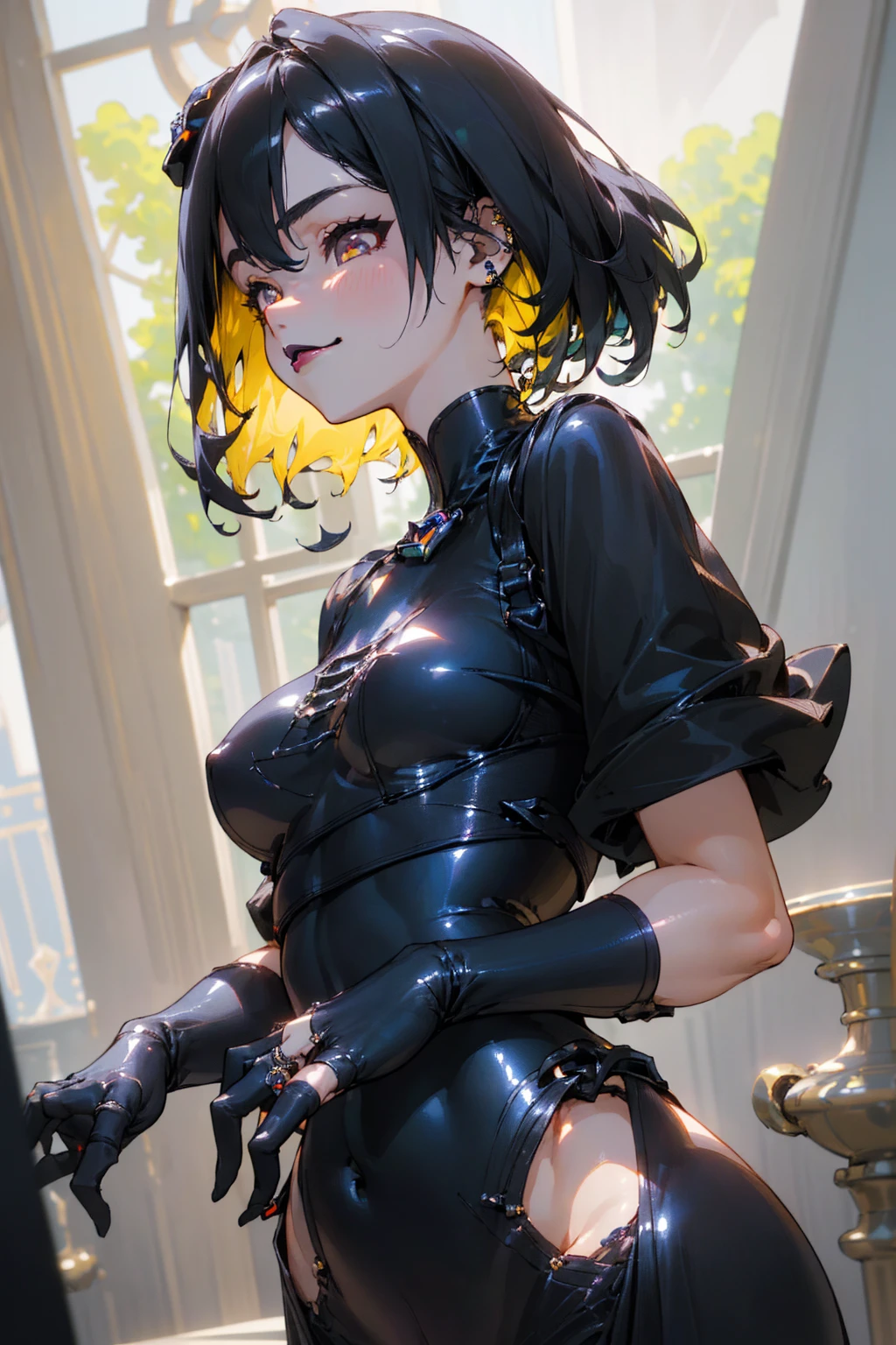 (masterpiece:1.2, best quality), (Practical, photoPractical:1.4), Fine quality illustrations, (Natural side light, light), Looking at the audience, Upper Body, (Front view), 1 girl, Perfect face, Cute symmetrical face, Glowing skin, baby face, Long eyelashes, (Medium breasts), (Wide hips:1.2),short hair, Beautiful hair, Pretty Face, Delicate and beautiful eyes, Beautiful Body, Beautiful breasts, Beautiful thighs, Beautiful Feet, Beautiful fingers, (Beautiful scenery),(Lovely smile:1.3, Upper Eye), 18 years old,Pale skin,Wearing a black corset、Woman with gothic hairstyle, With perforation, 1 Girl, Solitary, Black Hair, short hair, ring,(pierced:1.5),(Punk style:1.5),(Gothic dress),(Dark lips:1.5)