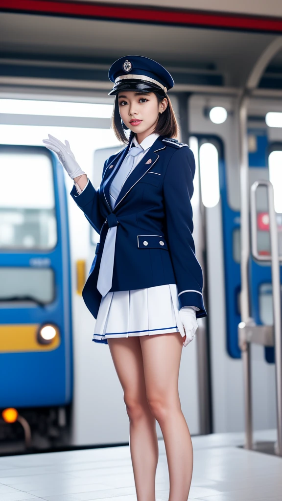 highest quallity、high resolution 16K、super verbose、work of art、Live filming、realisitic:1.4、hyper realism:1.4、sharp focus、Very delicate and beautiful、small details、1womanl, Railway Conductor、(Lifting up her skirt and showing her panneckties:1.5)、(standing on the platform:1.5)、(super cute)、(beautiful face:1.7)、(shorth hair:1.2)、(naked legs:1.5)、(face detailed)、(fine and beautiful eyes)、perfect round eyes、(Detailed lips)、(lipstick)、(eyeliner)、mascara、ombre、(dark blue driver uniform:1.5)、(navy blue jacket)、(navy blue mini skirt)、(white shirt)、(necktie)、(Uniform Cap:1.2)、(whitegloves:1.5)、(white panneckties:1.5)、(Station platform:1.2)、(Trains that stopped:1.4)、(ceiling)、(overcrowded)、detailed back ground、(Above Knee Shot:1.2)、(Em SFW:1.2)