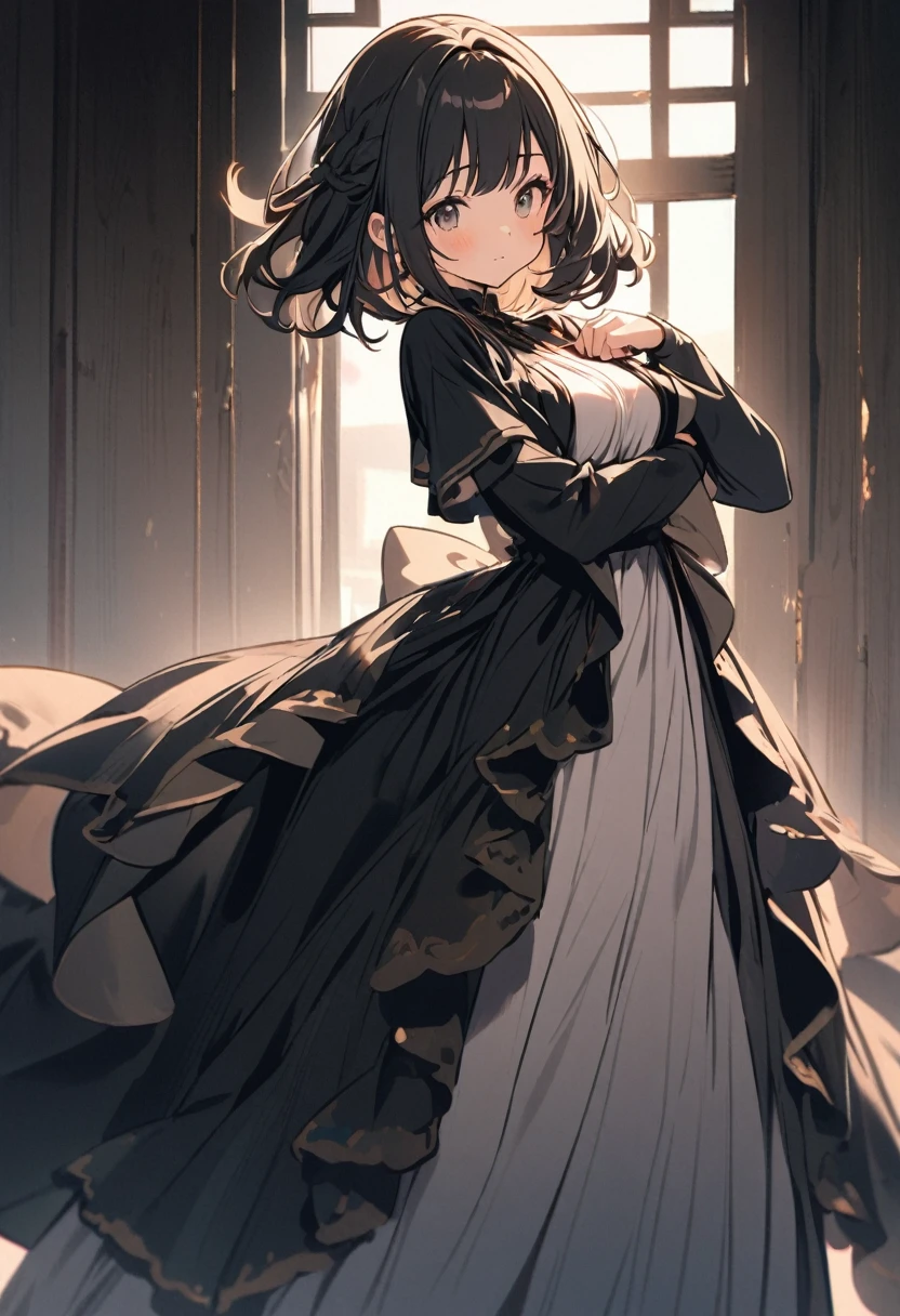 A woman stands with her whole body in an extremely cute pose.