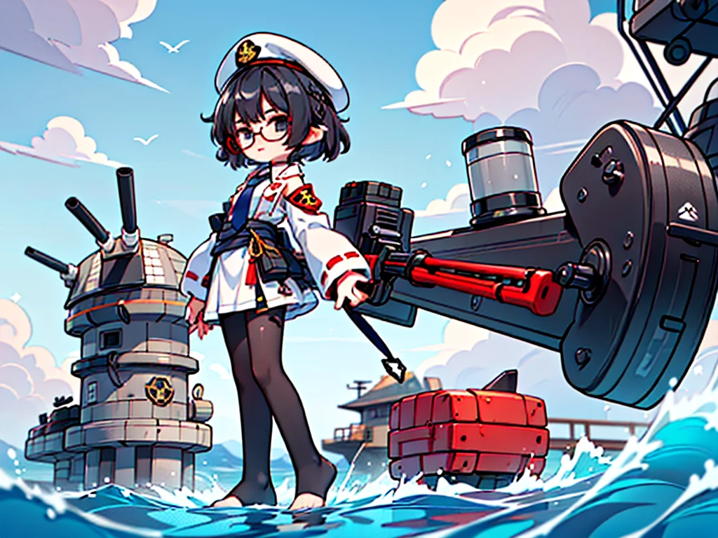 (((masterpiece, Vision))), ((((Full body of a woman with perfect flat chest、1 Female、solo、Short unkempt black hair、Tie your messy hair at the nape of your neck、white military jacket、Miko costume、black tights、Black glasses、White military cap、Cloudy black eyes、Confused eyes、Junyo-inspired emblem)))), (((Shipgirl))), ((Floating on the morning sea with both feet)), (Standing with your legs apart)), Aim, (Hold the shotgun turret grip with your right hand), (Four mechanical tentacles extending from its back each hold a turret), (Equipped with a bridge on the back), (His left arm holds the grip of a triple machine gun),