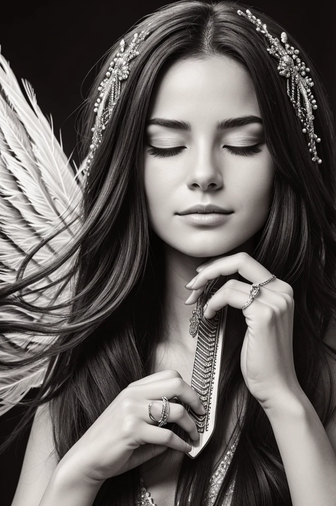 a woman with her eyes closed playing a mouth harp (jewish harp). The drawing is in black and white and stands out for its detailed and realistic style.. The woman has long, flowing hair, that extends throughout the image as if it were floating in the air. His hands are drawn precisely, and you can see a ring on one of his fingers. The background texture adds an ethereal and artistic look to the image. Throughout your hair, elements that resemble feathers or wings are mixed, creating a sensation of movement and lightness.", semi-realistic drawing,horizontal