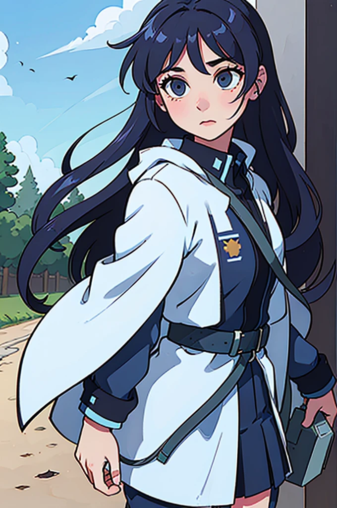 ((best quality 4, masterpiece)), 1girl, military, flowers, blue uniform, officer military, medical officer, white long hair, outdoor, blue sky, holding first aid kit, fox ear, high quality art