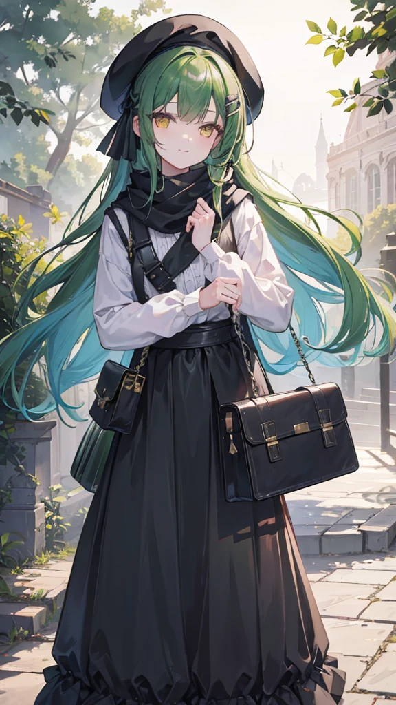black beret, Long green hair, yellow eyes, long hair, hair parted to the right, hair clip, flower in hair, smile, calm, long skirt, maxi skirt, frills, pink blouse, cross body bag, garden, hand on chests, sunlight, scarf, ultra-detailed, absurdres, unreal engine, masterpiece, best quality, beautiful eyes, volumetric lighting, silky_hair), best quality, ultra-detailed, looking at viewer, highres, 8k wallpaper, extremely detailed, smooth lighting, 8k, depth of field, masterpiece, cinematic lighting,