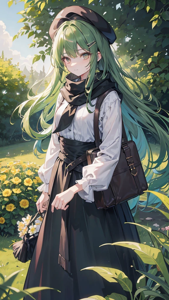 black beret, Long green hair, yellow eyes, long hair, hair parted to the right, hair clip, flower in hair, smile, calm, long skirt, maxi skirt, frills, pink blouse, cross body bag, garden, hand on chests, sunlight, scarf, ultra-detailed, absurdres, unreal engine, masterpiece, best quality, beautiful eyes, volumetric lighting, silky_hair), best quality, ultra-detailed, looking at viewer, highres, 8k wallpaper, extremely detailed, smooth lighting, 8k, depth of field, masterpiece, cinematic lighting,