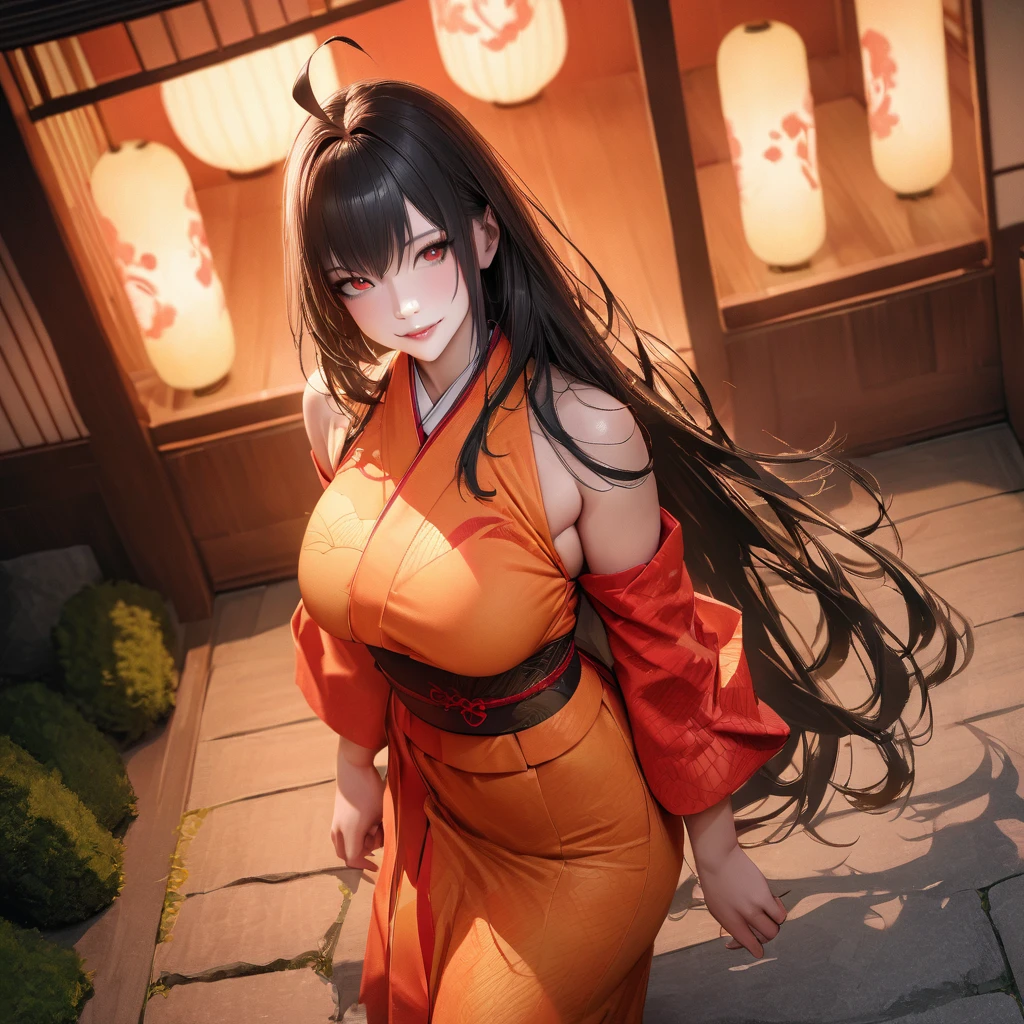 A woman wearing a long-sleeved orange kimono, large breasts, feathers red on the sleeves of the kimono, black hair, long hair, ahoge, mask with the golden, bright red eyes, smiling, perfect face, Asian face, perfect lips, standing on a concrete sidewalk, in a Japanese garden, traditional Japanese stone lamps in the corner of the sidewalk,UHD, masterpiece, accurate, anatomically correct, textured skin, super detail, high quality, best quality, 8k, high resolution, bokeh effect. ( solo woman), realistic,
