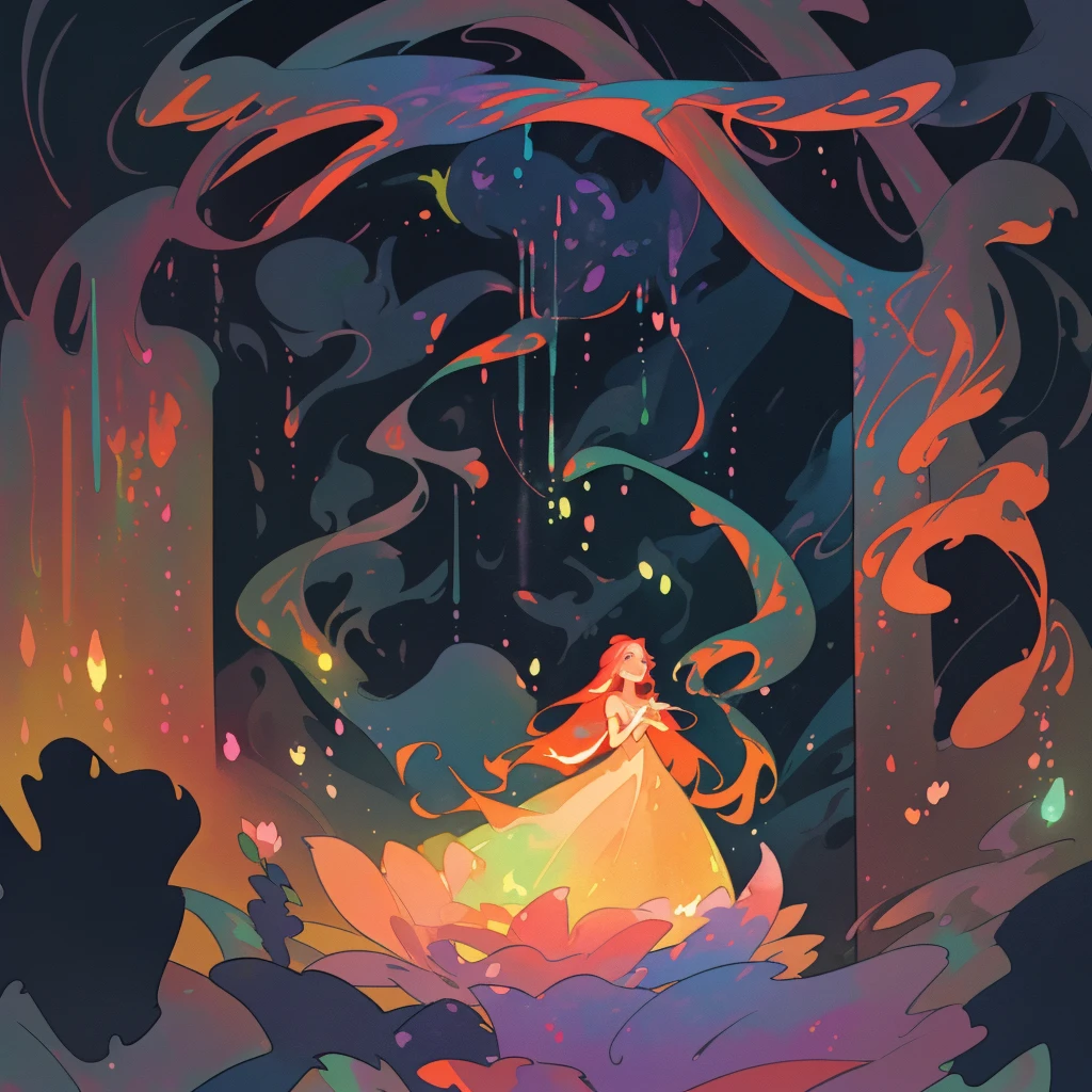 beautiful girl in simple flowing dress, long flowing colorful liquid hair, colorful fantasia background, watercolor illustration, disney art style, glowing aura around her, glowing lights, beautiful digital illustration, fantasia otherworldly landscape plants flowers, beautiful, masterpiece, best quality, anime disney style