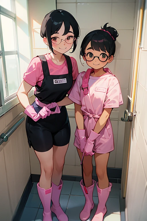 Two elementary school students with freckles and glasses, wearing short-sleeved gym clothes, black hair tied up, and narrow eyes, wearing large pink rubber gloves and white rubber boots, smiling and cleaning the school toilets.