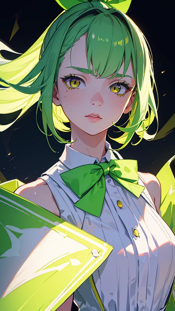 1girl,9 year old girl,green hair,yellow eyes,ponytail,white suit,green overall,Purple bow tie,upper body,hyper detailed,cinematic lighting,highly detailed facial features,extremely detailed eyes,beautiful detailed lips,beautiful detailed nose,best quality,masterpiece