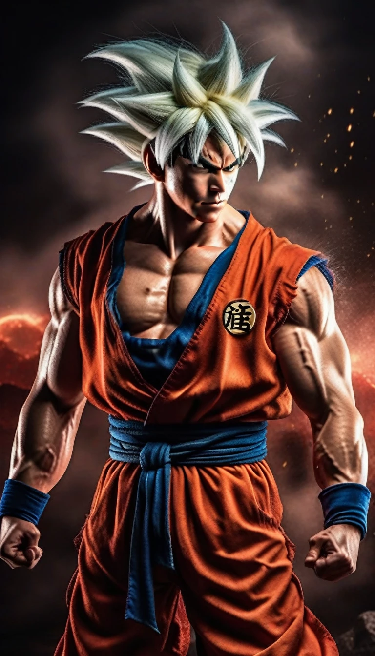 Goku1024 ,  a muscular man dressed in red, platinum blond hair, casting a powerfull spell, dramatic ball lightning between hands, dragon background, ancient chinese temple, highly detailed, photography, ultra sharp, film, bokeh, professional, k  