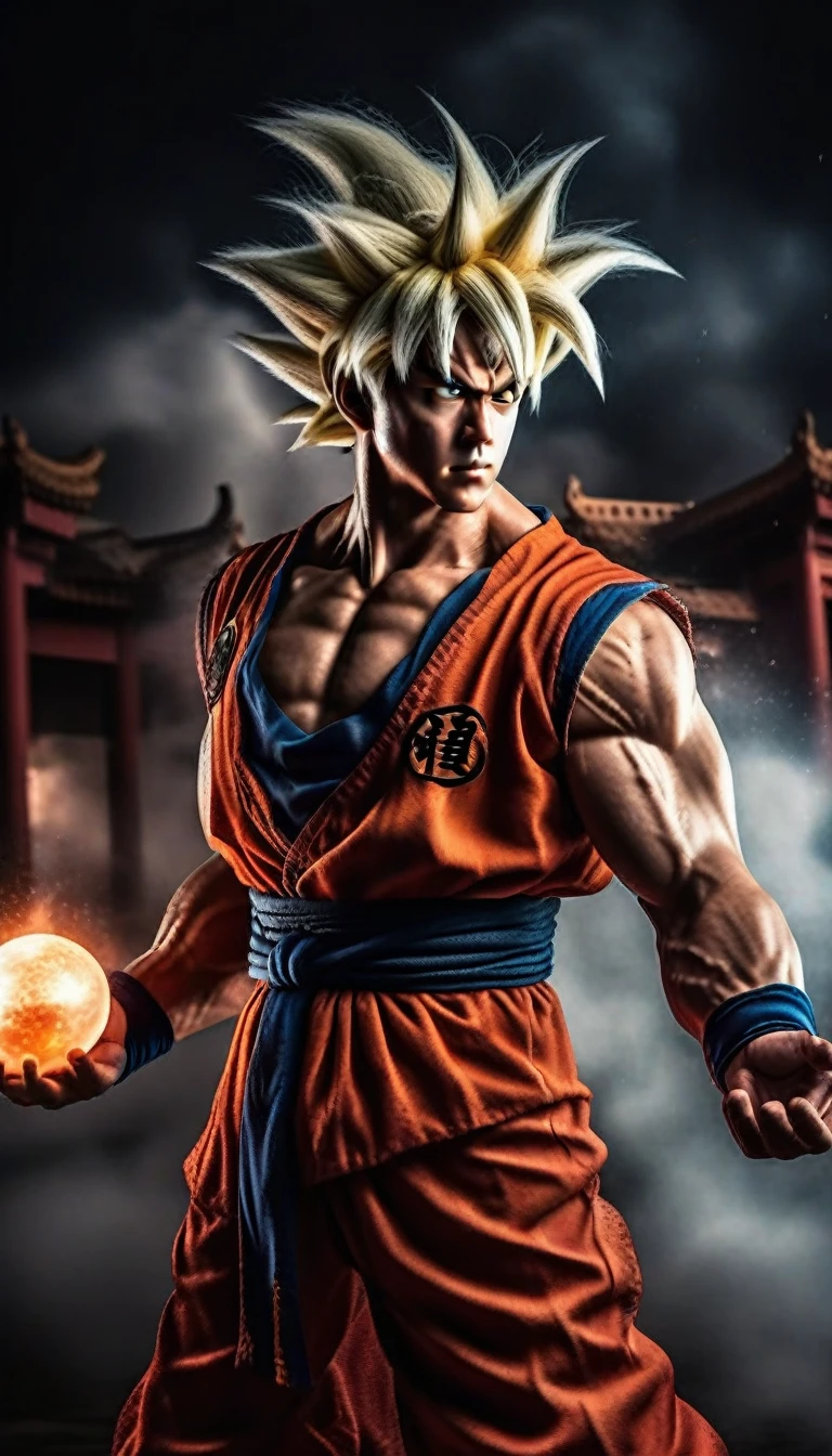 Goku1024 ,  a muscular man dressed in red, platinum blond hair, casting a powerfull spell, dramatic ball lightning between hands, dragon background, ancient chinese temple, highly detailed, photography, ultra sharp, film, bokeh, professional, k  