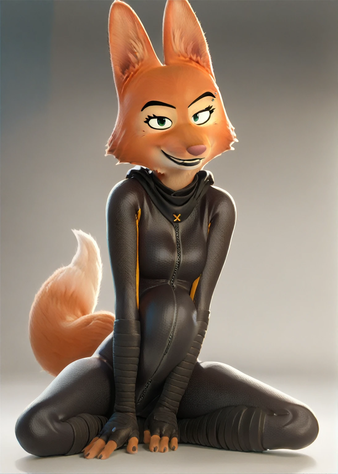 score_9, score_8_up, score_7_up, score_6_up, score_5_up, score_4_up, 
Diane_Foxington, ginger fur, emerald eyes, black lipstick, black eyebrows, silver piercings on eyebrow, fox tail, bodysuit with yellow trim and black wraps, smirk, looking at viewer, on knees, Fullbody, (vore), ((large) moving vore belly, a whole full sized person inside of the stomach struggling)