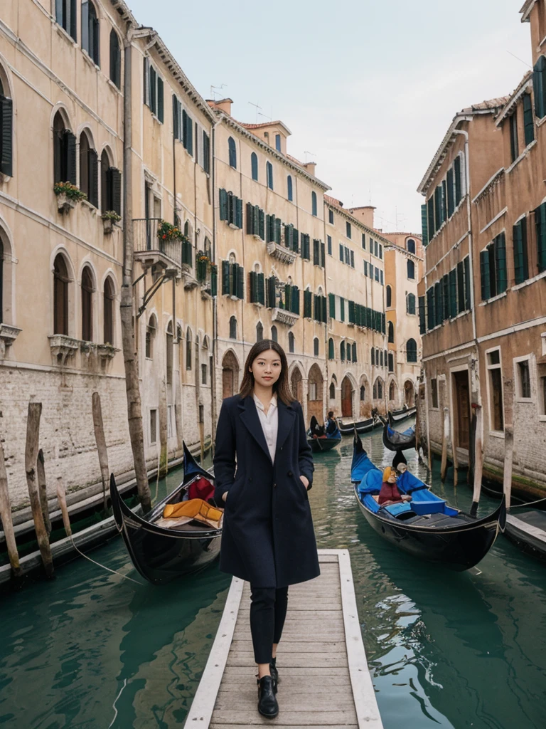 her name is Asako, high quality, 1girl, ((20-year-old fit Caucasian woman)), ((20 years old)), ((slim)), ((Korean Short Bob)), pose: standing, wearing Contemporary Generation-Z modern wear different colored, BACKGROUND: "On the Rialto Bridge, with gondolas gliding through the Grand Canal and historic buildings lining the waterway."