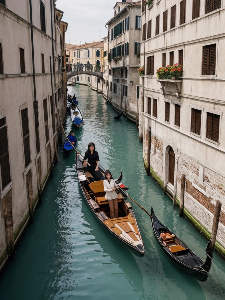 her name is Asako, high quality, 1girl, ((20-year-old fit Caucasian woman)), ((20 years old)), ((slim)), ((Korean Short Bob)), pose: standing, wearing Contemporary Generation-Z modern wear different colored, BACKGROUND: "On the Rialto Bridge, with gondolas gliding through the Grand Canal and historic buildings lining the waterway."
