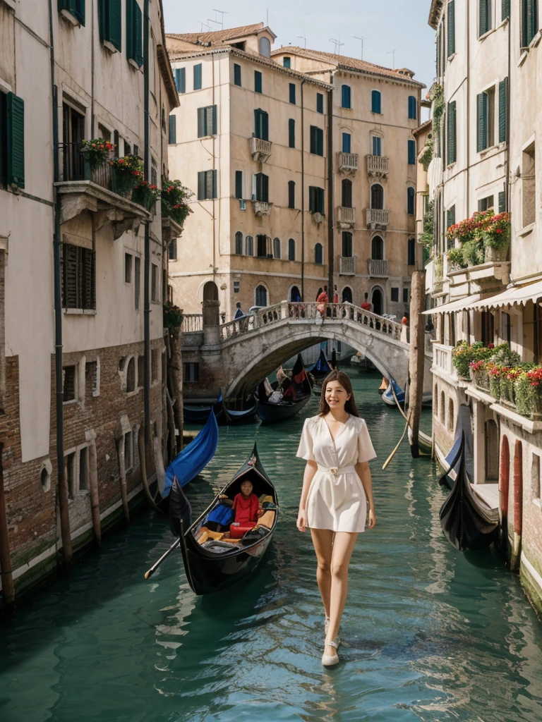 her name is Asako, high quality, 1girl, ((20-year-old fit Caucasian woman)), ((20 years old)), ((slim)), ((Korean Short Bob)), pose: standing, wearing Contemporary Generation-Z modern wear different colored, BACKGROUND: "On the Rialto Bridge, with gondolas gliding through the Grand Canal and historic buildings lining the waterway."