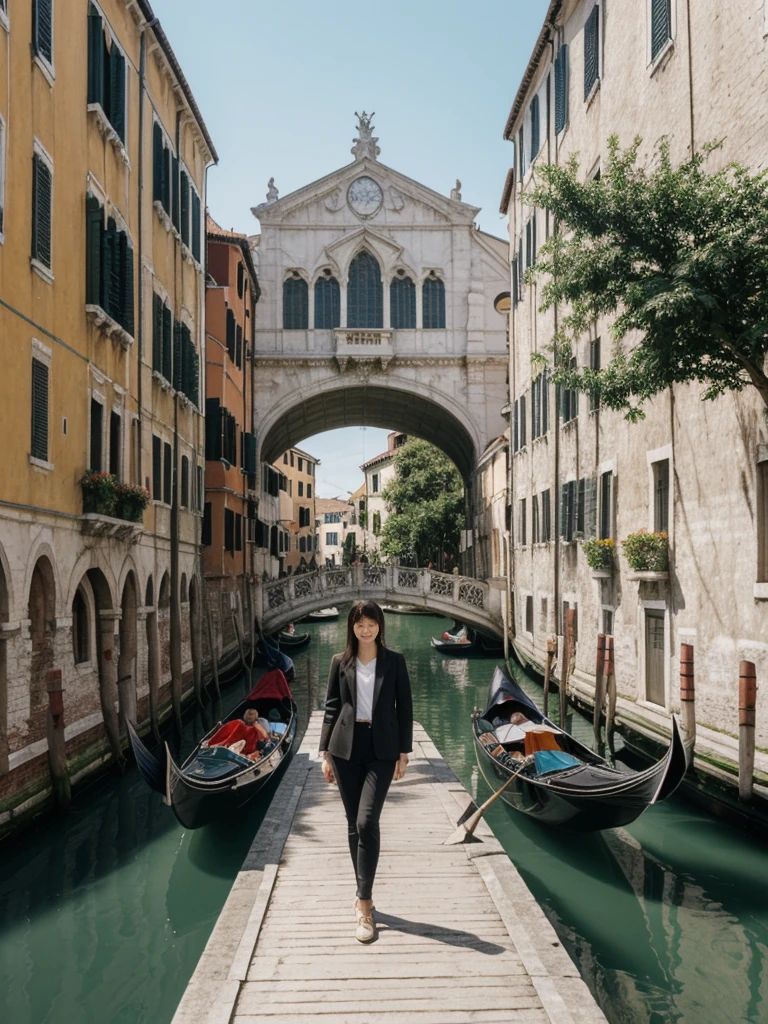 her name is Asako, high quality, 1girl, ((20-year-old fit Caucasian woman)), ((20 years old)), ((slim)), ((Korean Short Bob)), pose: standing, wearing Contemporary Generation-Z modern wear different colored, BACKGROUND: "On the Rialto Bridge, with gondolas gliding through the Grand Canal and historic buildings lining the waterway."
