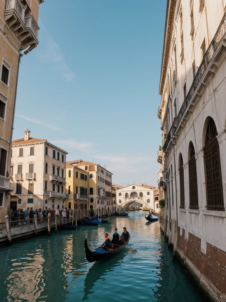 her name is Asako, high quality, 1girl, ((20-year-old fit Caucasian woman)), ((20 years old)), ((slim)), ((Korean Short Bob)), pose: standing, wearing Contemporary Generation-Z modern wear different colored, BACKGROUND: "On the Rialto Bridge, with gondolas gliding through the Grand Canal and historic buildings lining the waterway."