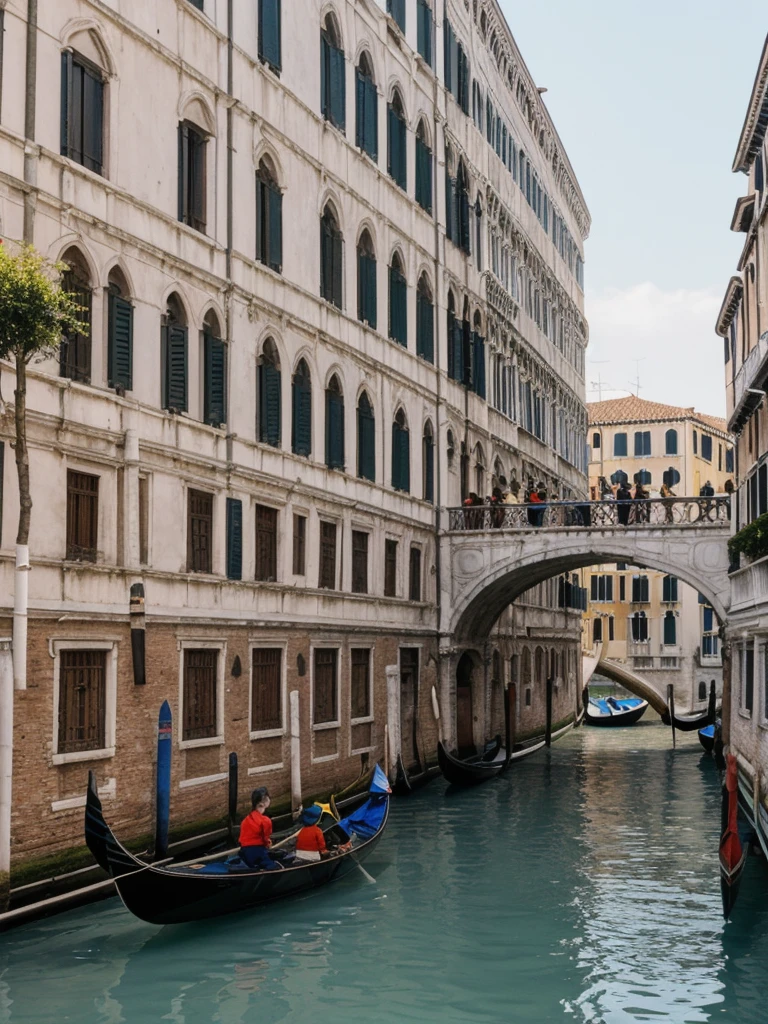her name is Asako, high quality, 1girl, ((20-year-old fit Caucasian woman)), ((20 years old)), ((slim)), ((Korean Short Bob)), pose: standing, wearing Contemporary Generation-Z modern wear different colored, BACKGROUND: "On the Rialto Bridge, with gondolas gliding through the Grand Canal and historic buildings lining the waterway."