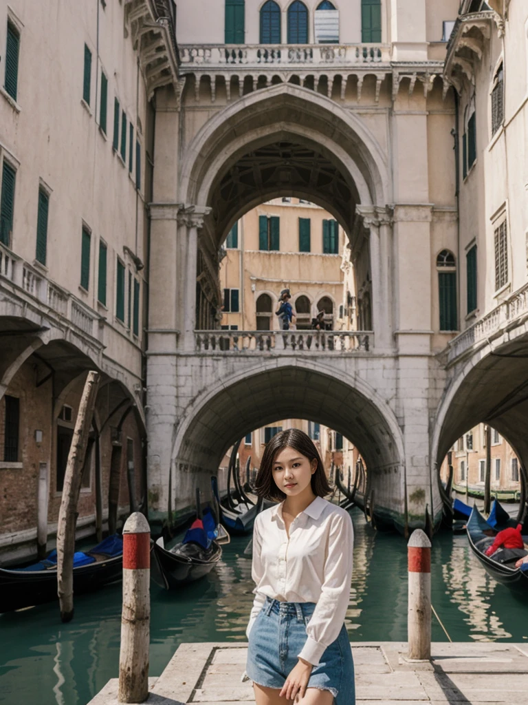her name is Asako, high quality, 1girl, ((20-year-old fit Caucasian woman)), ((20 years old)), ((slim)), ((Korean Short Bob)), pose: standing, wearing Contemporary Generation-Z modern wear different colored, BACKGROUND: "On the Rialto Bridge, with gondolas gliding through the Grand Canal and historic buildings lining the waterway."