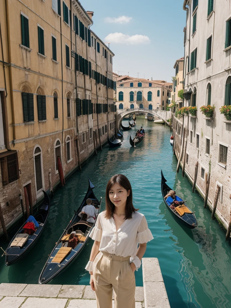 her name is Asako, high quality, 1girl, ((20-year-old fit Caucasian woman)), ((20 years old)), ((slim)), ((Korean Short Bob)), pose: standing, wearing Contemporary Generation-Z modern wear different colored, BACKGROUND: "On the Rialto Bridge, with gondolas gliding through the Grand Canal and historic buildings lining the waterway."