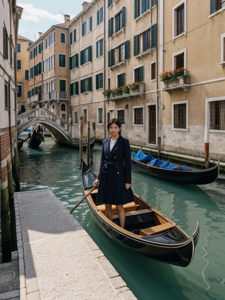 her name is Asako, high quality, 1girl, ((20-year-old fit Caucasian woman)), ((20 years old)), ((slim)), ((Korean Short Bob)), pose: standing, wearing Contemporary Generation-Z modern wear different colored, BACKGROUND: "On the Rialto Bridge, with gondolas gliding through the Grand Canal and historic buildings lining the waterway."