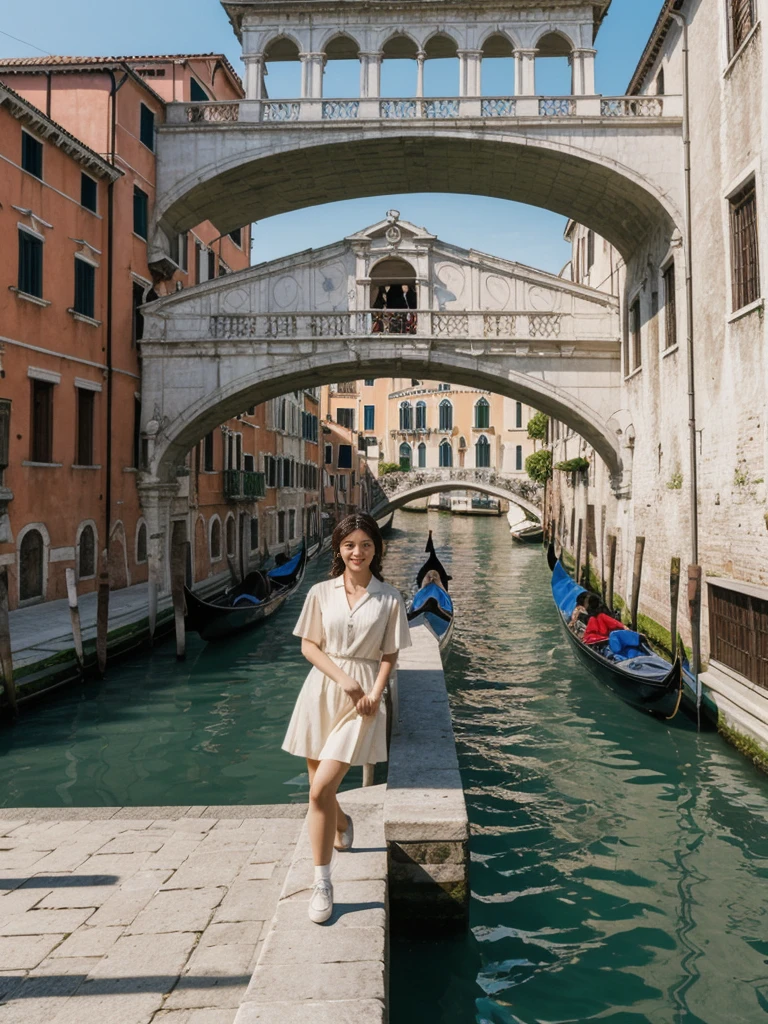 her name is Asako, high quality, 1girl, ((20-year-old fit Caucasian woman)), ((20 years old)), ((slim)), ((Korean Short Bob)), pose: standing, wearing Contemporary Generation-Z modern wear different colored, BACKGROUND: "On the Rialto Bridge, with gondolas gliding through the Grand Canal and historic buildings lining the waterway."