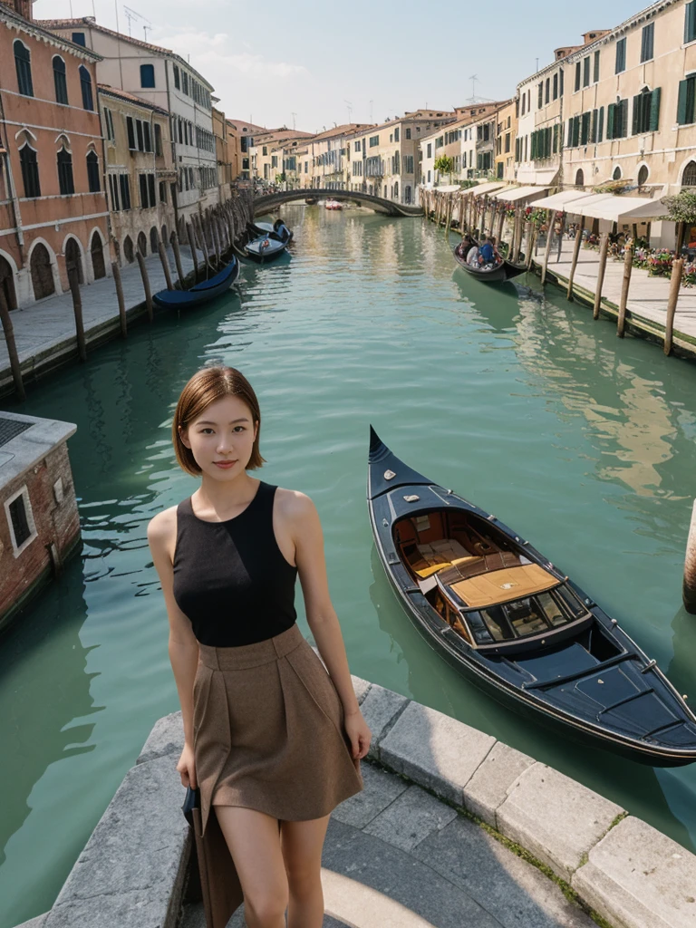 her name is Asako, high quality, 1girl, ((20-year-old fit Caucasian woman)), ((20 years old)), ((slim)), ((Korean Short Bob)), pose: standing, wearing Contemporary Generation-Z modern wear different colored, BACKGROUND: "On the Rialto Bridge, with gondolas gliding through the Grand Canal and historic buildings lining the waterway."