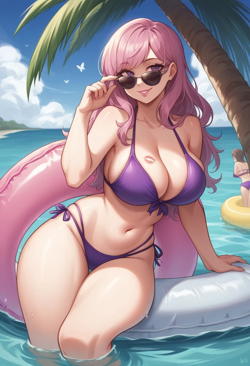 best aesthetic, 1girl, solo, long hair, breasts, looking at viewer, smile, bangs, very large breasts, really huge butt, big butt, swimsuit, cleavage, pink lipstick, kiss marks, outdoors, sky, day, bikini, cloud, tree, water, pedal, blue sky, purple bikini, pink pool float, inflatable butterfly wings, beach ball, sunglasses, palm tree, beachball, beach umbrella, ocean waves, a beautiful young woman wearing a purple bikini and sunglasses, lounging on a pool float in a sparkling blue pool. She is surrounded by tropical flowers and palm trees, and the scene is set against a backdrop of a bright blue sky with fluffy white clouds. The woman's pose is sexy and seductive as she floats in the pool, enjoying the sunshine. The colorful flowers, pool float, and her bold purple bikini all contribute to the fun, summery vibe. The overall atmosphere is cheerful and lighthearted, capturing the essence of a perfect poolside day.