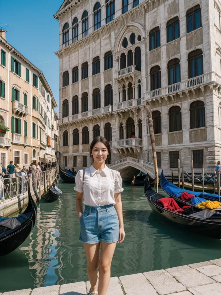 her name is Asako, high quality, 1girl, ((20-year-old fit Caucasian woman)), ((20 years old)), ((slim)), ((Korean Short Bob)), pose: standing, wearing Contemporary Generation-Z modern wear different colored, BACKGROUND: "On the Rialto Bridge, with gondolas gliding through the Grand Canal and historic buildings lining the waterway."