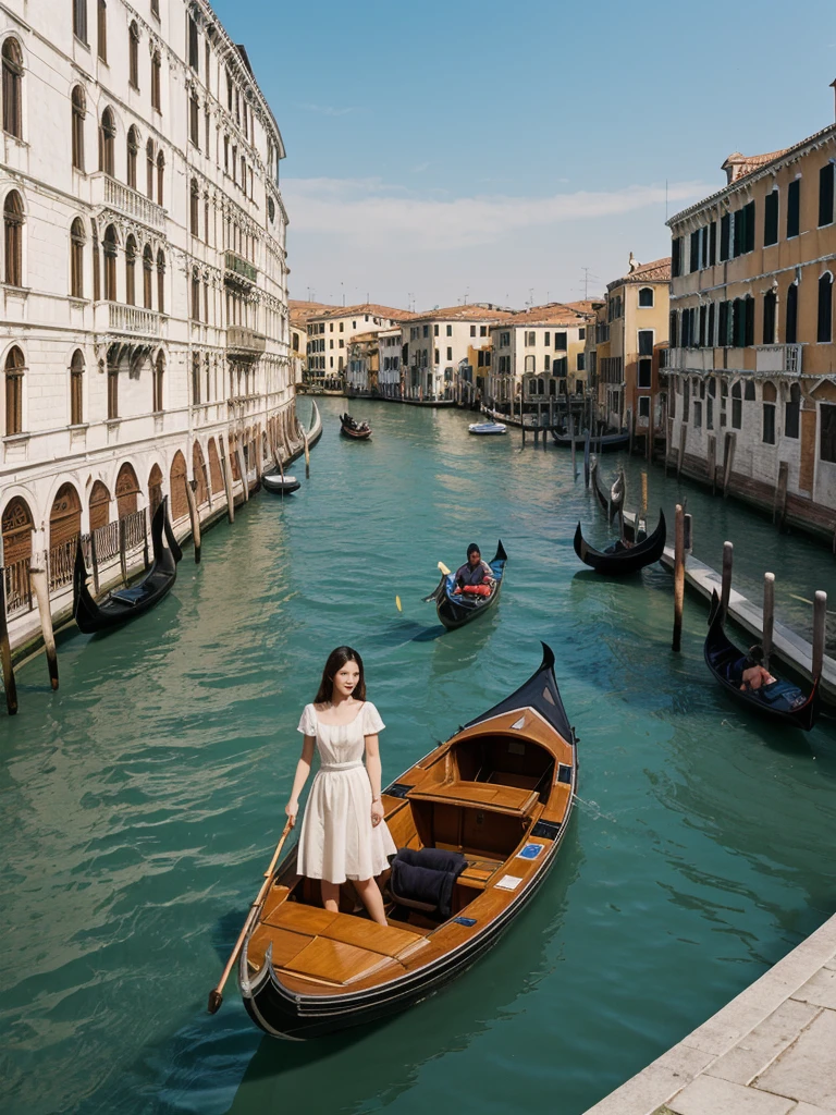 her name is Asako, high quality, 1girl, ((20-year-old fit Caucasian woman)), ((20 years old)), ((slim)), ((Korean Short Bob)), pose: standing, wearing Contemporary Generation-Z modern wear different colored, BACKGROUND: "On the Rialto Bridge, with gondolas gliding through the Grand Canal and historic buildings lining the waterway."