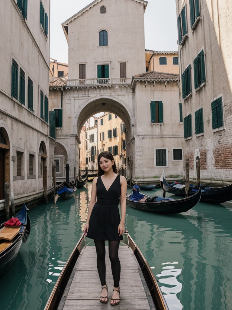 her name is Asako, high quality, 1girl, ((20-year-old fit Caucasian woman)), ((20 years old)), ((slim)), ((Korean Short Bob)), pose: standing, wearing Contemporary Generation-Z modern wear different colored, BACKGROUND: "On the Rialto Bridge, with gondolas gliding through the Grand Canal and historic buildings lining the waterway."