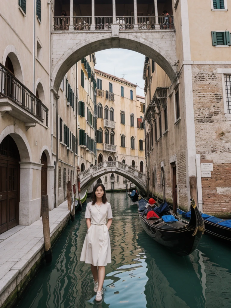 her name is Asako, high quality, 1girl, ((20-year-old fit Caucasian woman)), ((20 years old)), ((slim)), ((Korean Short Bob)), pose: standing, wearing Contemporary Generation-Z modern wear different colored, BACKGROUND: "On the Rialto Bridge, with gondolas gliding through the Grand Canal and historic buildings lining the waterway."