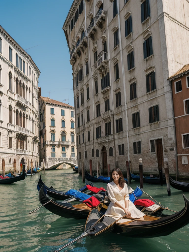 her name is Asako, high quality, 1girl, ((20-year-old fit Caucasian woman)), ((20 years old)), ((slim)), ((Korean Short Bob)), pose: standing, wearing Contemporary Generation-Z modern wear different colored, BACKGROUND: "On the Rialto Bridge, with gondolas gliding through the Grand Canal and historic buildings lining the waterway."