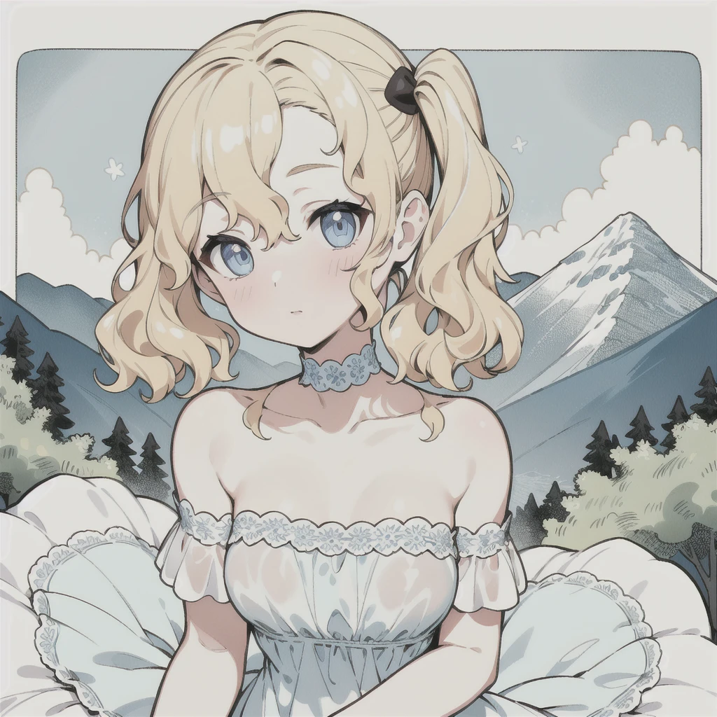 masterpiece, best quality, cute,
medium hair, blonde hair, wavy hair, side ponytail, blue eyes, dress, bare shoulders, flat breasts,
(forest:0.8), mountain, close-up,