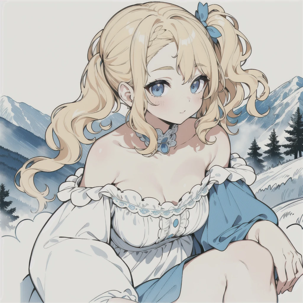 masterpiece, best quality, cute,
medium hair, blonde hair, wavy hair, side ponytail, blue eyes, dress, bare shoulders, flat breasts,
(forest:0.8), mountain, close-up,