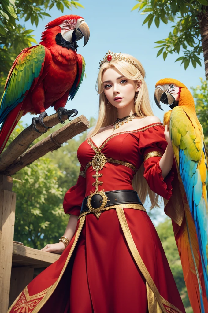 Blonde Turkish princess holding a red macaw