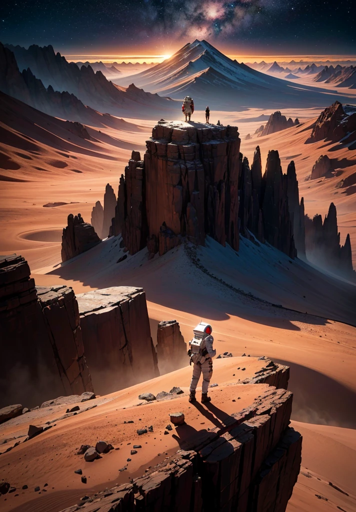 An astronaut stands triumphantly on the summit of a towering mountain on Mars, planting an American flag into the rocky ground. The Martian night sky is a breathtaking expanse of stars, casting a serene glow over the rugged, red-tinged terrain. The flag flutters gently in the faint Martian breeze, illuminated by the lights from the astronaut's helmet.

The scene is captured from a slightly low angle, emphasizing the height and grandeur of the mountain peak. Jagged rocks and cliffs extend downwards, leading the eye to the vast Martian landscape below. The astronaut's pose is proud and resolute, symbolizing human achievement and exploration. The distant horizon is marked by the silhouettes of other mountains and ridges, all bathed in the tranquil light of the starry sky. The composition is both inspiring and beautiful, capturing the essence of exploration and the sublime beauty of the Martian night