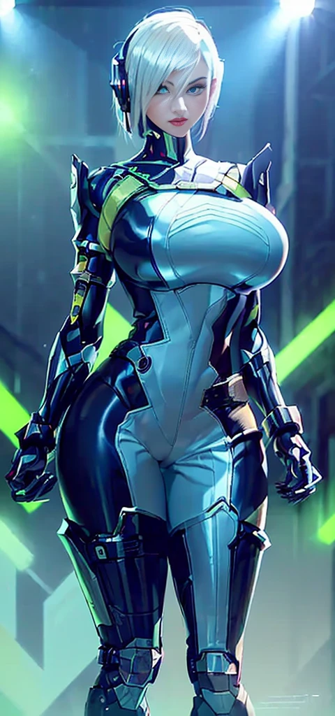 (1GIRL, alone, 独奏), (super detailed face), (Black Long Hair:1.2), (BIG BUTTOCKS, 11 LINE ABS, CLEAVAGE, HUGE FAKE BREASTS:1.5), (MECHA GUARD ARM:1.3), (A girl wearing sexy clothing，scantily clad，Whit cyberpunk sexy maillot，tight clothing，maillot，tight，fitting closely，High slit tight fitting clothing，Glowing eyes，Gloves，（A huge chest：1.4）,Large area of skin，The only person，lackluster in one's eyes，A cold expression，White woman，mechanical artificial limb,Mechanical neck，mechanical high heel stiletto boots, Slim waist, Wide hips，High target，Full body portrait，完美的woman身体，woman形象，High-tech laboratory，woman，a voluptuous figure，Mechanical joints，Cyberpunk，Half of the chest is not covered，Thigh gap， Ceramic material，Hollow waist，Facing the audience，very short shaved hair，White hair，crew cut，tomboy， giant breasts, giant ass, very curvy, shiny silver hair, bright blue coloured eyes, cyborg, robotic arms，mechanical parts，Bare thighs，Sexy clothing，Mechanical headphones，Expose buttocks,Bare waist，Large area skin exposure， MECHA GUARD ARMOR LEGS, HIGH HEELS:1.5), (THICC MUSCULAR FEMALE BODY, SEXY LONG LEGS:1.1), (LOOKING AT VIEWER:1.3), (female focus:0.886),(BRIGHT LIGHTING:1.5), ULTRA HIGHT DEFINITION,Whit，highleg leotard，cyborg，cyberpunk