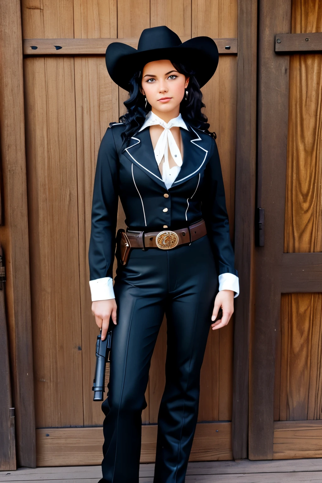 Vintage cowgirl, young, black wavy hair, black cowboy outfit, lots of cowboy guns and rifles, blue eye with an eyepatch