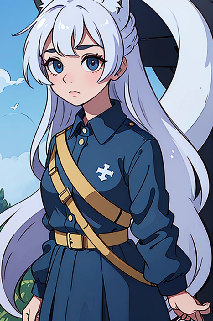 ((best quality 4, masterpiece)), 1girl, military, flowers, blue uniform, officer military, medical officer, fox ear, white long hair, outdoor, blue sky, holding first aid kit, high quality art