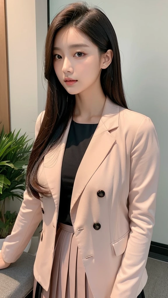 gentle and beautiful woman, Half-length photo, Exquisite and sexy collarbone, Charming oval face, double eyelids, Smart peach blossom eyes, pink lips, Small nose, Bare shoulders, focused face, Close-up of face, Ultra high quality, Super detailed, Stand gracefully, Black British college style double-breasted casual loose Korean style blazer, Paired with black pleated skirt suit