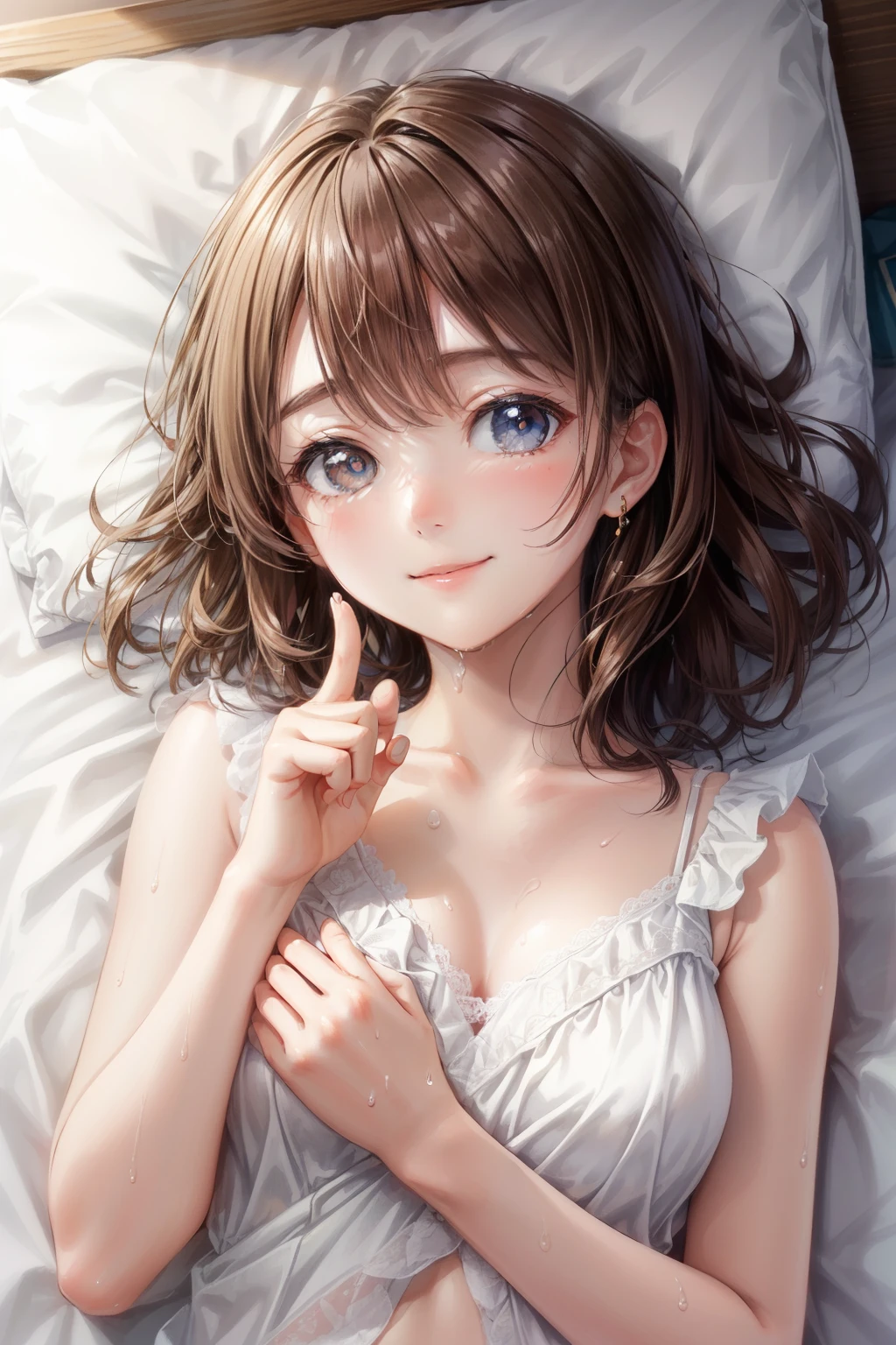 Asahiが照らす部屋, beautiful girl, ((Lying on the bed in the bedroom)), (Smile, Red cheeks), White camisole,(Delicate lace), Slender body, ((Accurate finger shape, Medium chest)), (Highest quality), (Highly detailed skin),(Medium Hair, My bangs get wet), (Beautiful girls), Detailed eyes,(Droopy eyes:1.2), Delicate and beautiful face, Exquisite detail,  Highest quality, 8K, Soft colors, Gentle sunlight,In a serene, An air of silence , (Asahi), Painting the world with a gentle glow, Asahi, White wall, (White sheets) , Morning Silence, (Gentle morning air), Peaceful expression, Embarrassed face, Lying in bed, (Very cute expression, Coquettish), (Shot from above), ((Red cheeks))