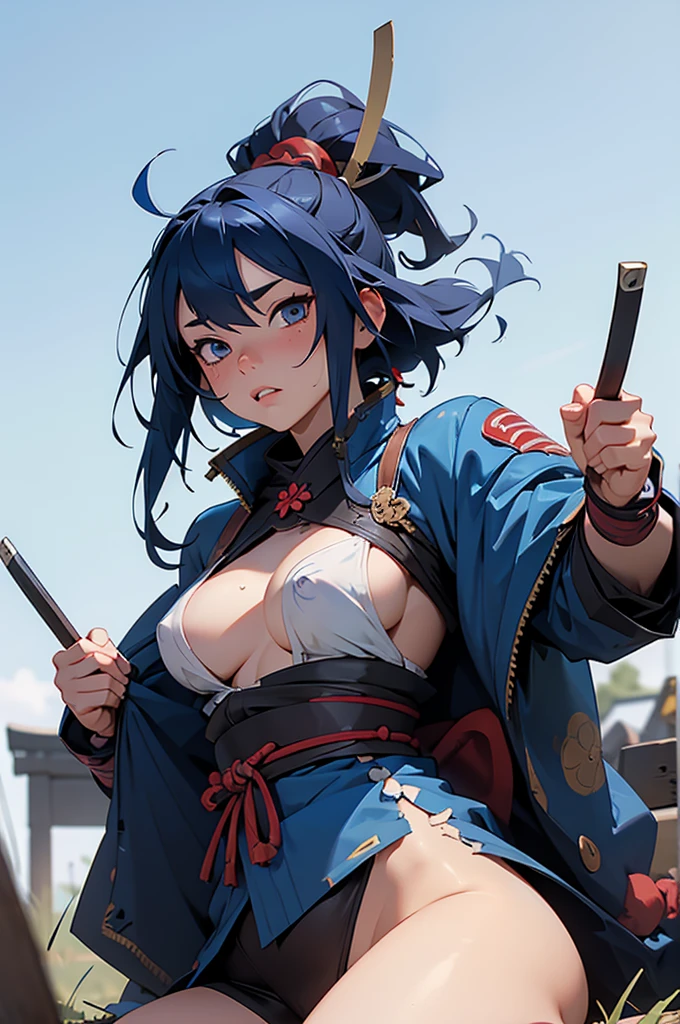 nsfw, samurai warrior, blue hair, lying on the battlefield, messy torn suit, overflowing and round breasts, a lot of pubic hair (view from below)