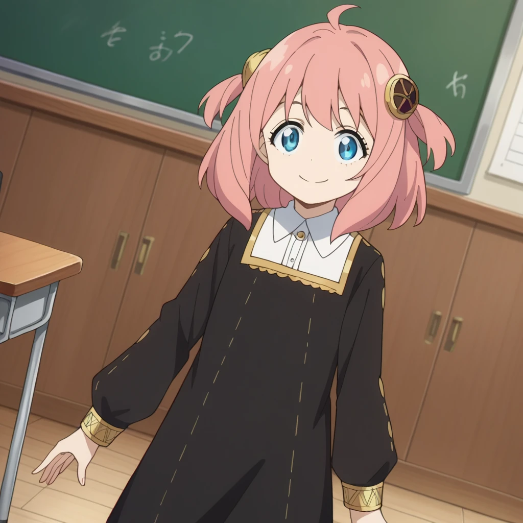 Front facing the viewer、score_9, score_8_superior, score_7_superior, sauce_anime,
Anya Forger, Anya Forger, Anya Forger, bangs, Blue eyes, Pink Hair, Ahoge, hair ornaments, Hair Pod, , woman , smile,
Long sleeve, dress, , socks, black dress, Eden Academy ,
indoor, classroom,
View your viewers, Cowboy Shot, Dutch Angle,Face close-up、