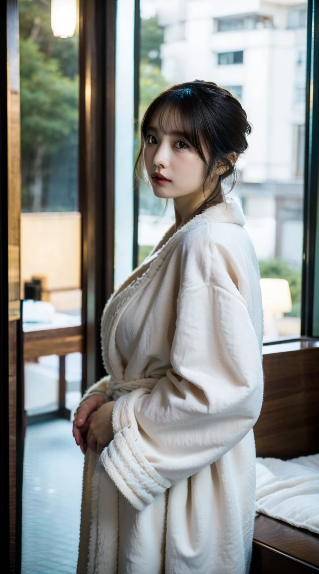 Highly detailed CG Unity 8k wallpaper, Highest quality, masterpiece, (Realistic, Realistic:1.4), Ultra-high resolution, (Beautiful Japanese mature woman in yukata, alone), Inside a room at a traditional Japanese hot spring inn, Cowboy Shot, Perfect feminine figure, Attractive mature woman, Stunningly beautiful face, Enchanting Goddess, Part your lips, (Shiny skin), Structure of the film, Professional warm lighting and shadows, ((Highly detailed eyes and face, Beautiful eyes in every detail, Highly detailed and beautifully realistic skin texture)), (Balance your body, Accurate hands, Accurate Eyes)More realistic Realistic Highly detailed face and skin texture The detail in her face is truly extraordinary., The pores and contours of her skin are rendered with amazing accuracy..