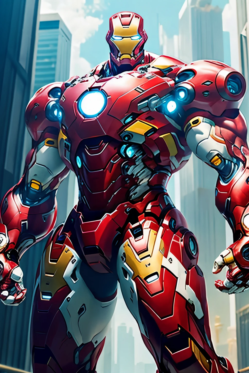 Iron Man Mega Bodybuilder, 4 meters high, all white armor, cyber punk, 8K. all-body, urban city background