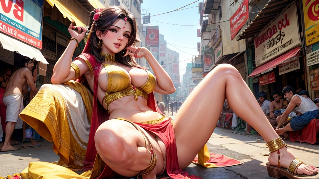 Sunny Leone in an open indian street market, she is spreading her legs and Indian boys are having sex with her, people are gathering and watching as they masturbate